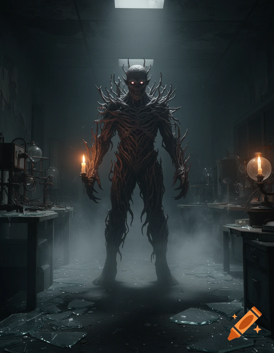 A tall, skeletal, thorny monster with glowing red eyes stands in a misty, ruined laboratory, holding a flickering candle.