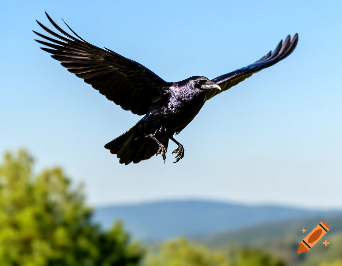 A black crow with spread wings flies across a clear blue sky, with blurred green trees and distant mountains below.