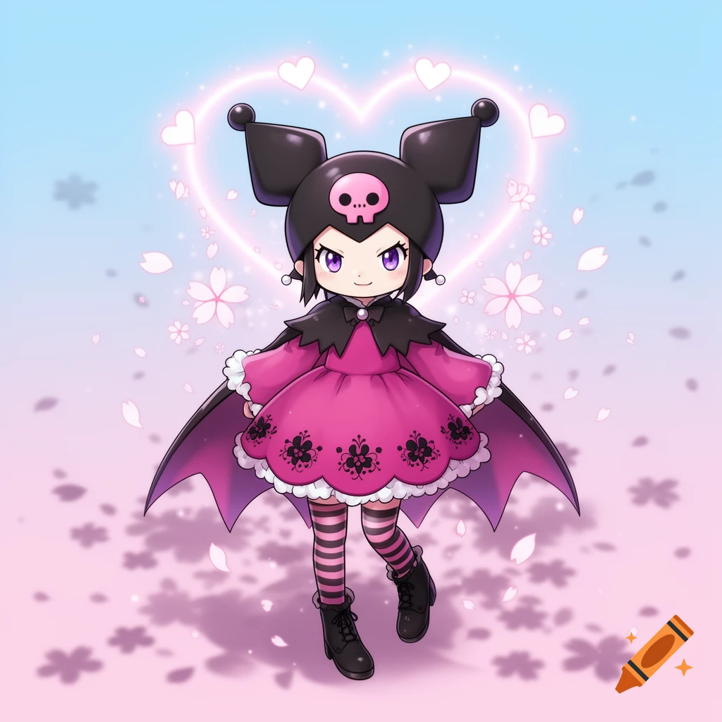 Cute anime-style Kuromi in a pink dress and black cape, with a glowing heart and cherry blossoms in the background.