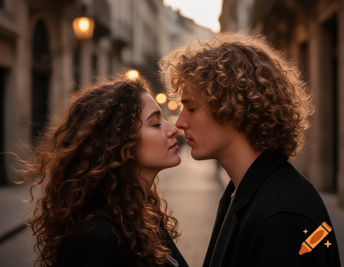 A woman with curly brown hair and a man with curly light brown hair lean in to kiss on an urban street at dusk, photorealistic style.