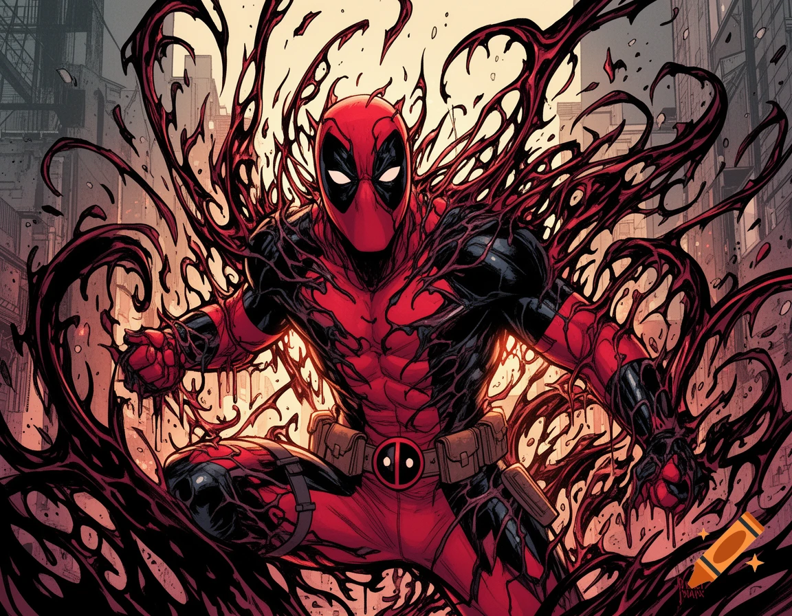 Deadpool in his red and black suit, consumed by dark, red-veined symbiote tendrils, in a dynamic comic book art style.