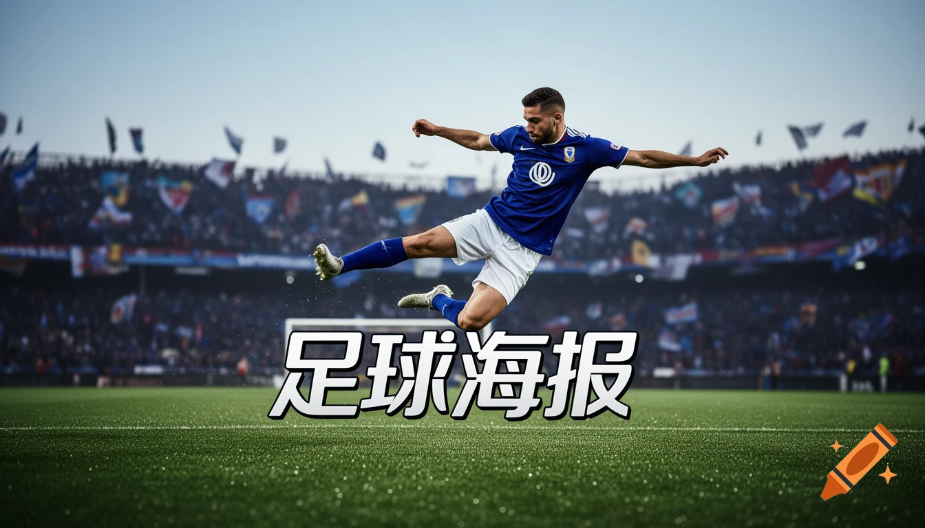 Photorealistic image of a male soccer player in a blue uniform, mid-air, kicking a ball on a green field, with '足球海报' text.