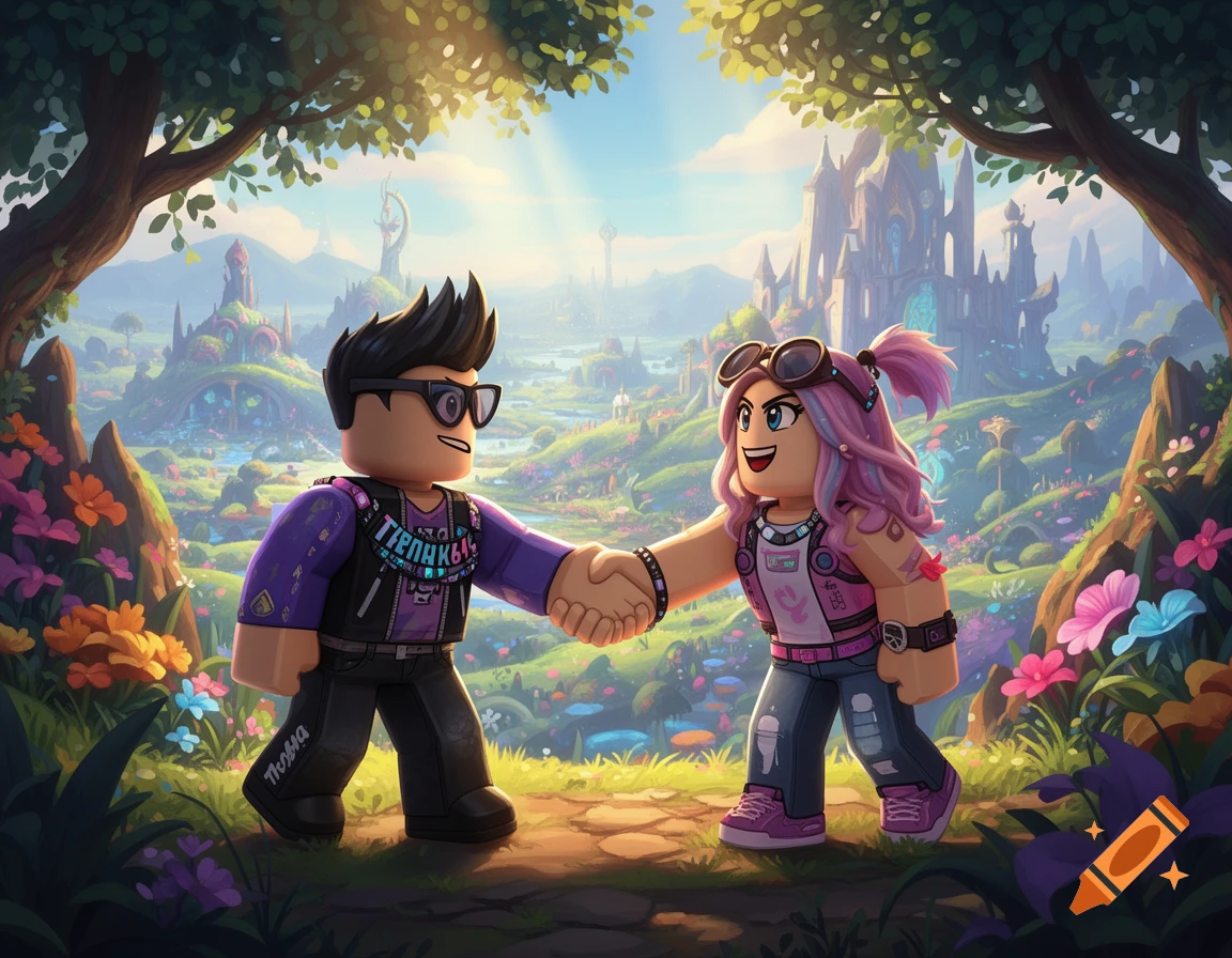 Two Roblox-style characters, a boy and a girl, shaking hands in a vibrant fantasy landscape with a castle.