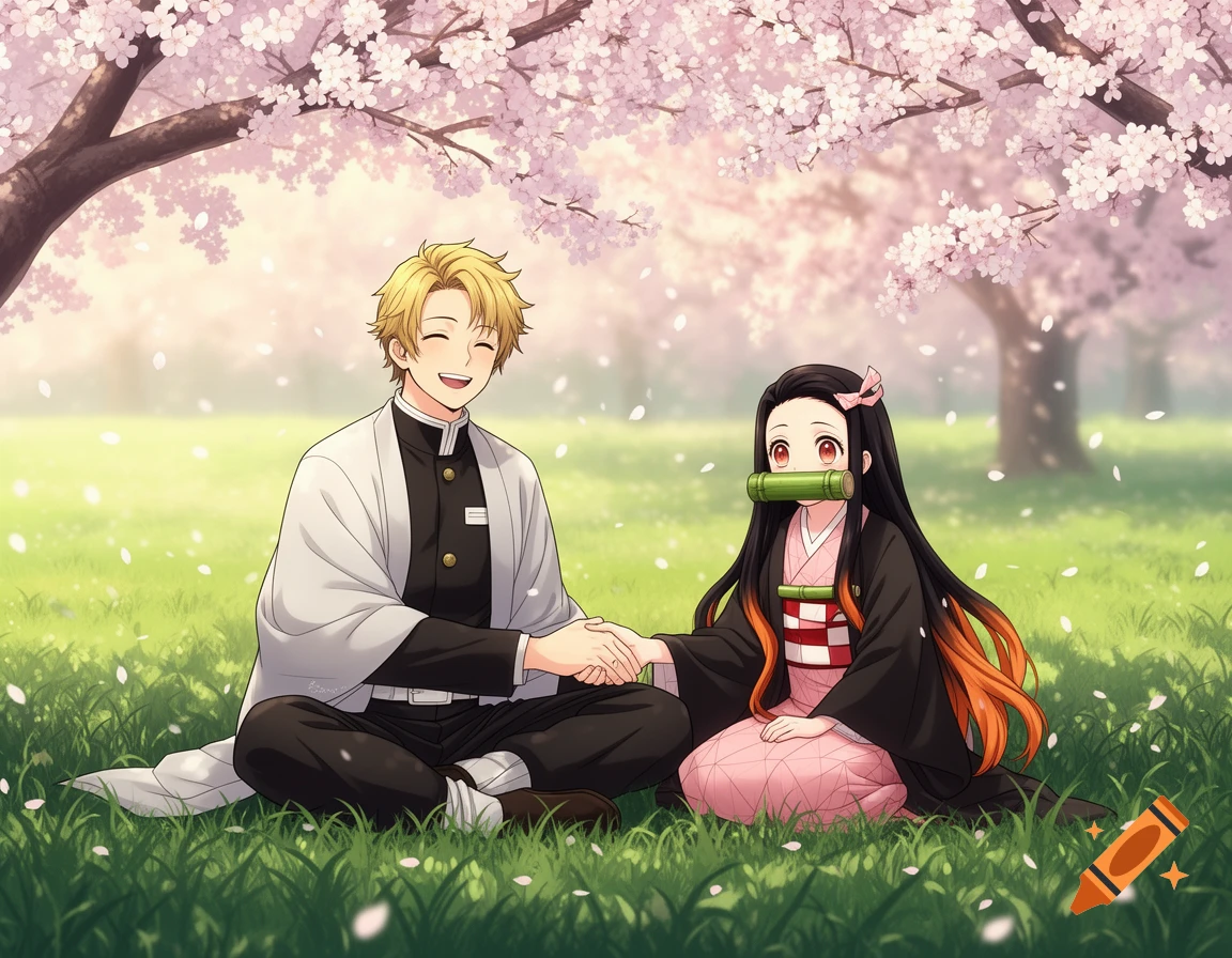 Anime fanart of a man and Nezuko from Demon Slayer sitting hand-in-hand under a cherry blossom tree in a grassy field.