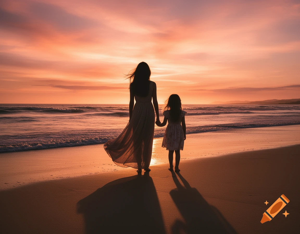 Mother and daughter holding hands, walking on a beach at sunset, silhouetted against an orange sky. Photorealistic.
