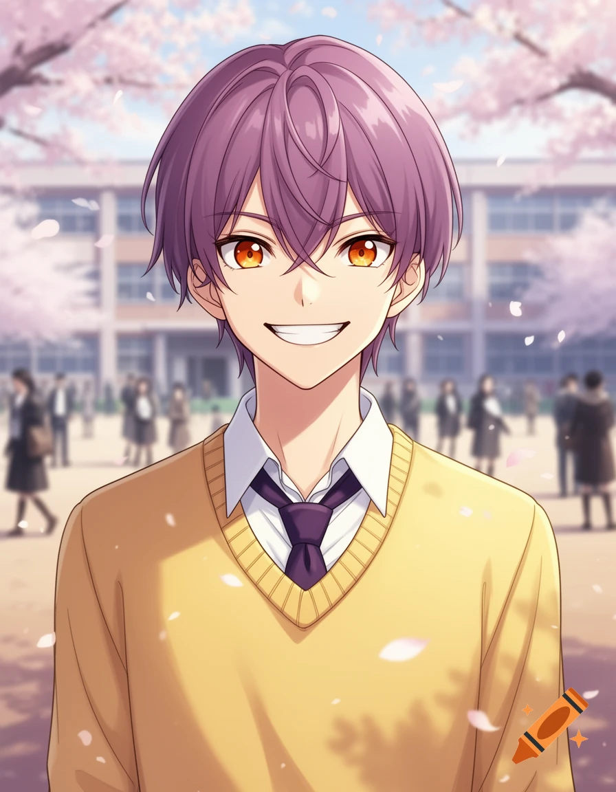A smiling anime high school boy with purple hair and orange eyes, wearing a yellow V-neck sweater over a school uniform, stands in front of a school building with cherry blossoms.