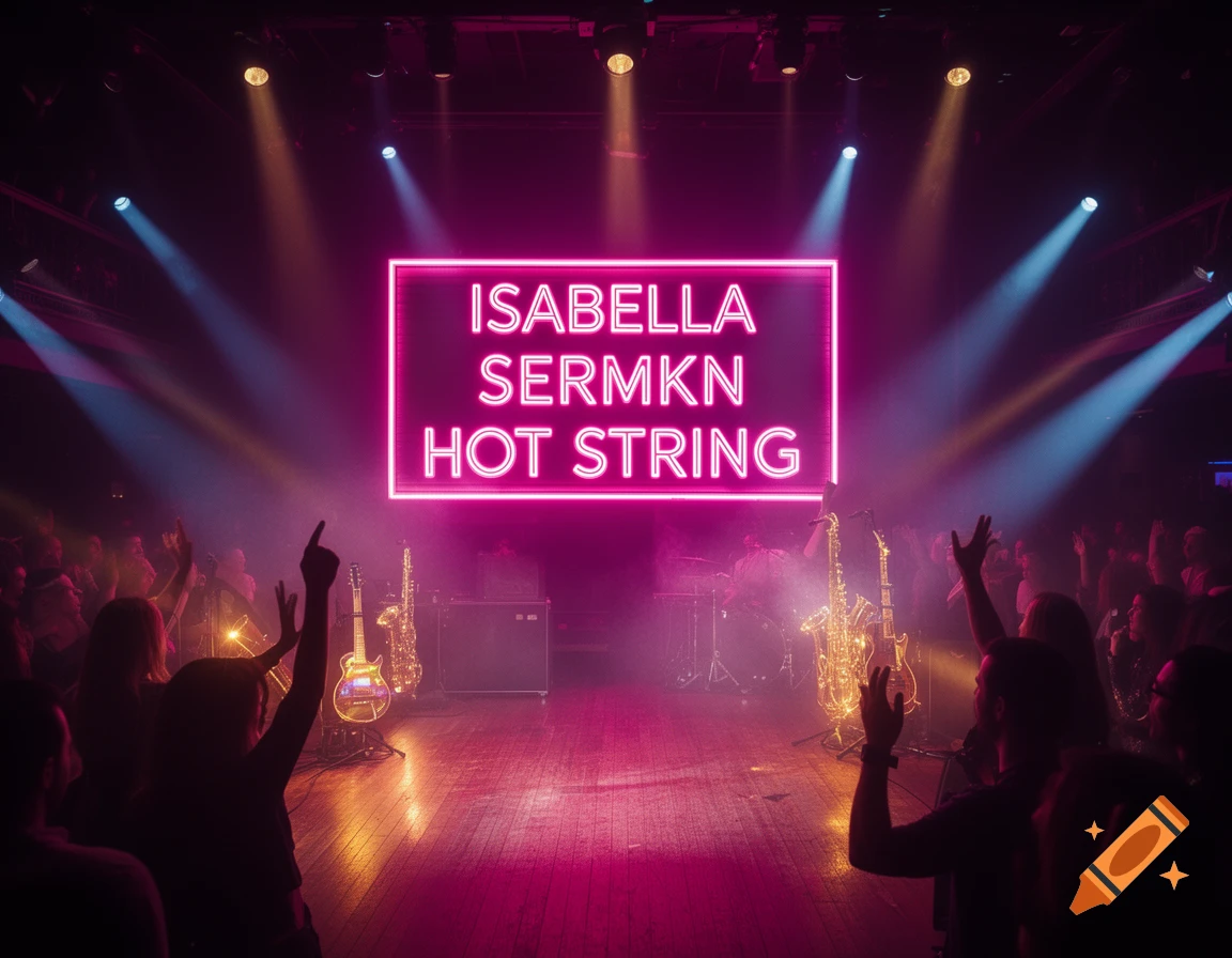 A neon sign displaying "ISABELLA SERMKN HOT STRING" glows pink above a dark stage with instruments and a silhouetted audience.