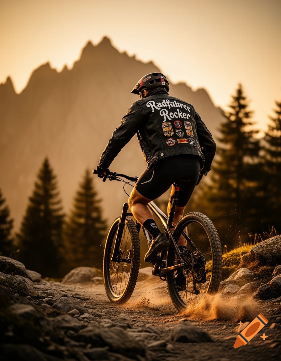 A mountain biker rides on a rocky trail at sunset, kicking up dust. Mountains and trees are in the golden background.