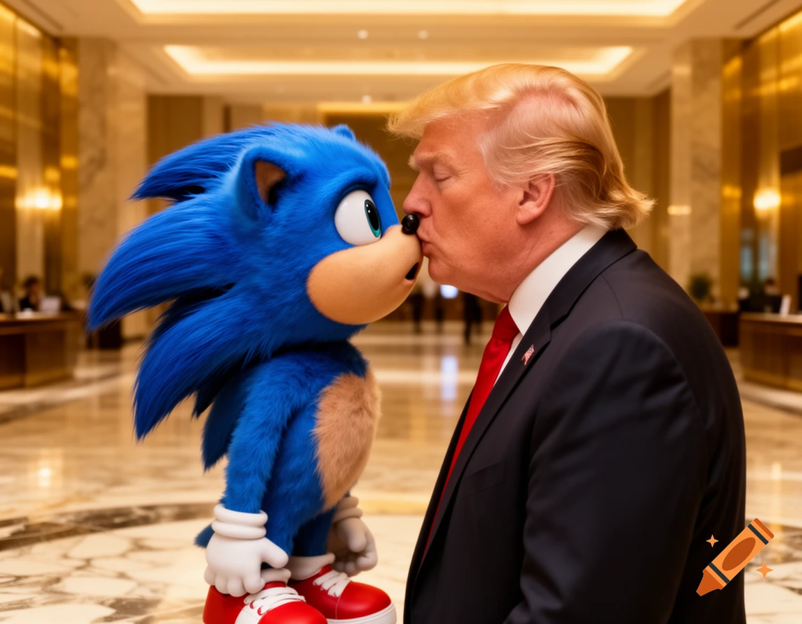 Donald Trump kisses Sonic the Hedgehog on the nose in a grand hotel lobby, photorealistic.