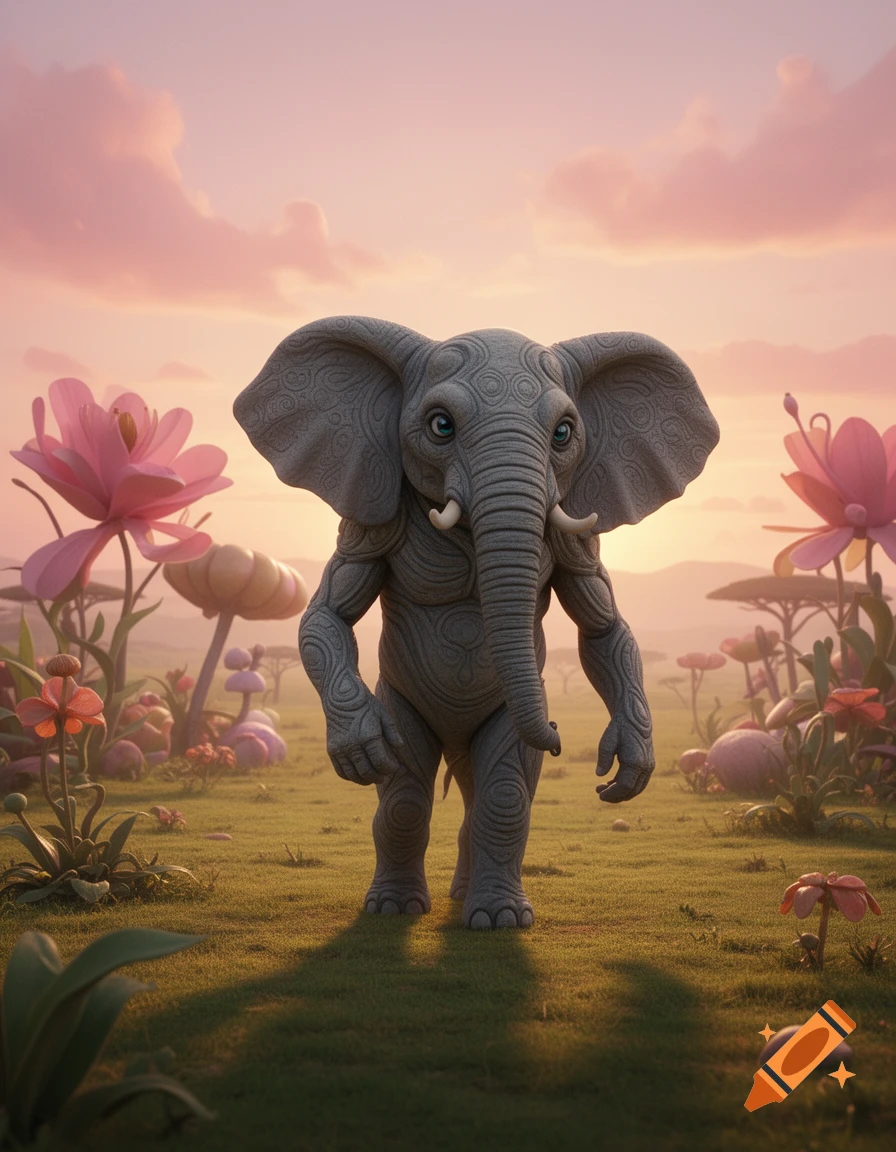 A stylized humanoid elephant with patterned skin stands in a green field with large pink flowers at sunset, in stop-motion animation style.