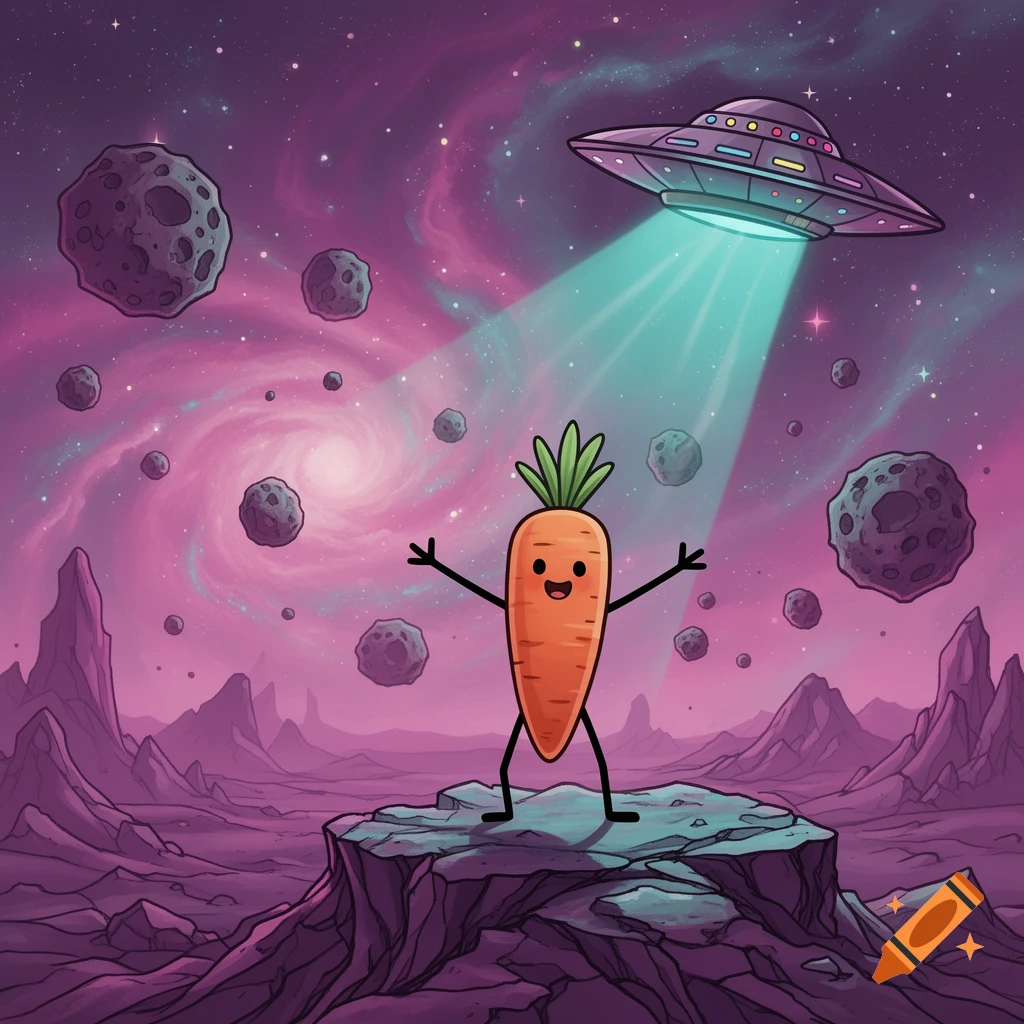 A cute, smiling cartoon carrot stands on a rocky alien planet with a UFO beaming light down from a starry purple galaxy, surrounded by asteroids.