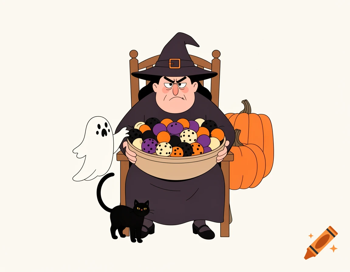 A grumpy cartoon witch in a chair holds a bowl of candy, with a ghost, black cat, and pumpkins in a Scandinavian minimalist line art style.