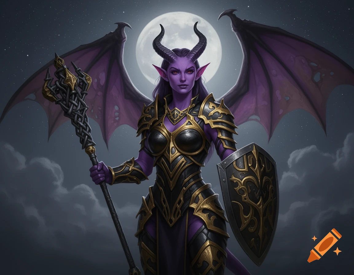 A purple-skinned Tiefling woman with horns and bat wings, wearing gold and black armor, holds a mace and shield under a full moon in a night sky.
