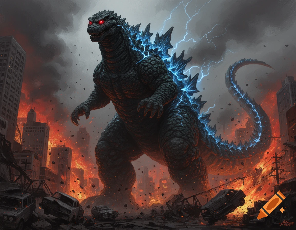 Godzilla with glowing red eyes and blue lightning on its back stands amidst a burning, destroyed city under a smoky sky.