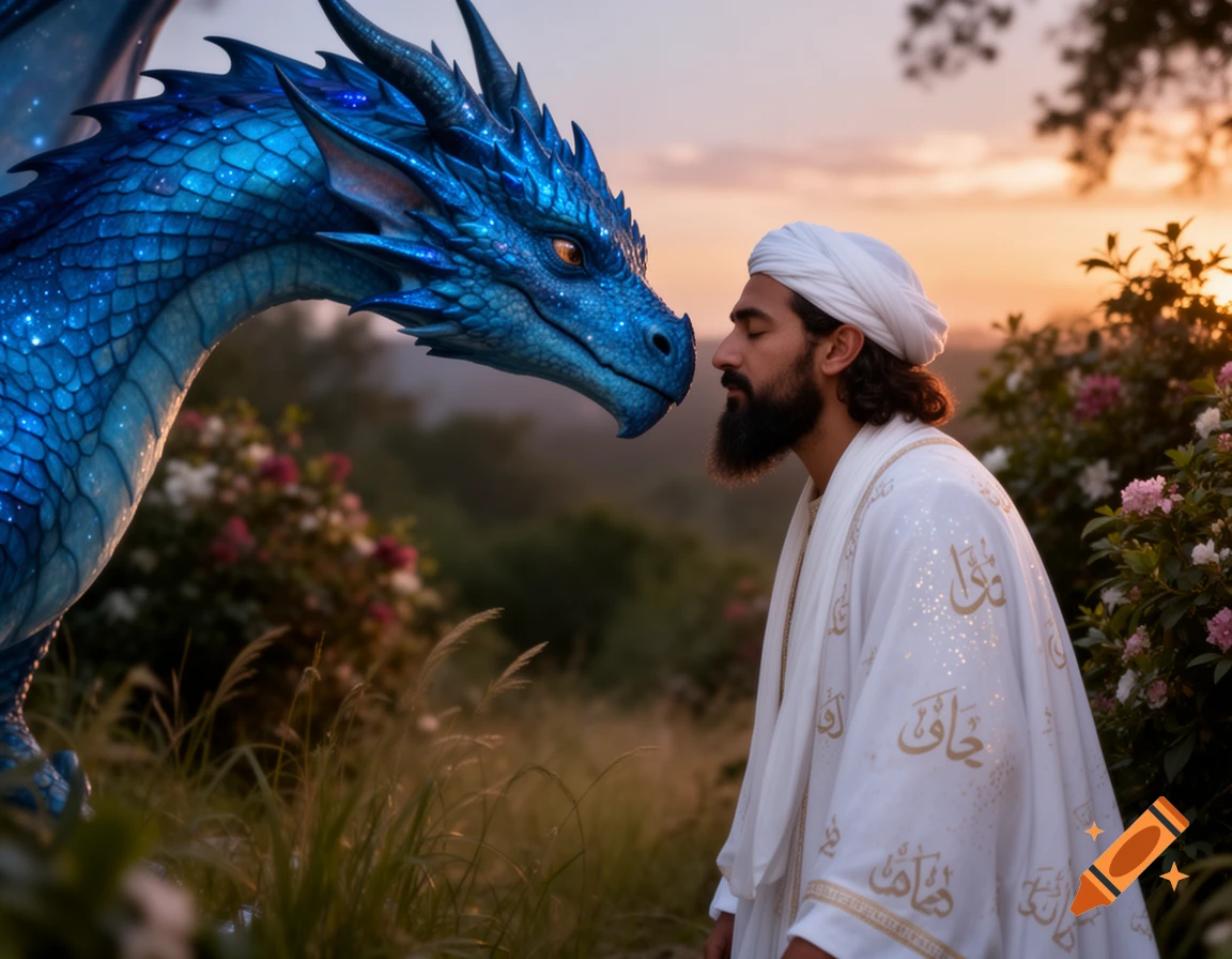 A majestic blue dragon with sparkling scales leans towards a bearded man in a white turban and robe, set against a warm sunset sky.