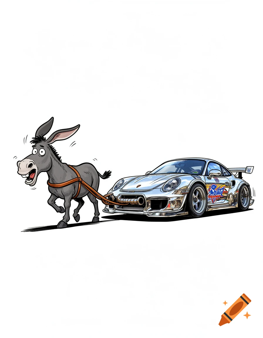 A cartoon donkey with a harness pulls a shiny silver Porsche 911 sports car on a white background.