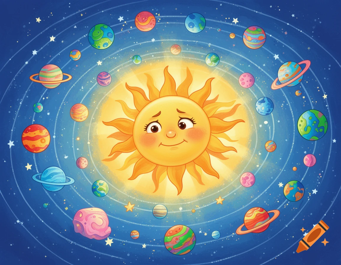 Vibrant children's illustration of a sad cartoon sun surrounded by numerous colorful planets orbiting in a starry blue space.