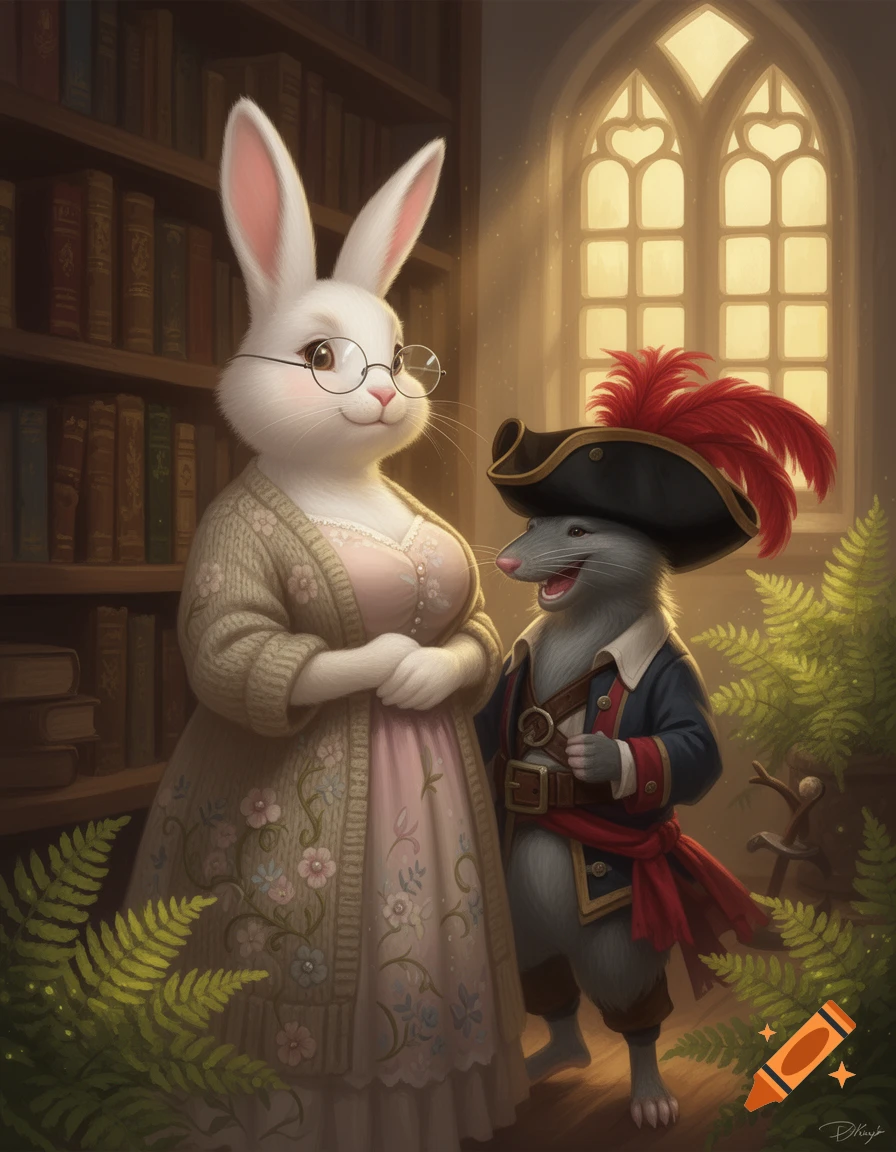 A friendly female rabbit librarian with glasses stands next to a smiling grey mouse in pirate clothing, both in a detailed library.