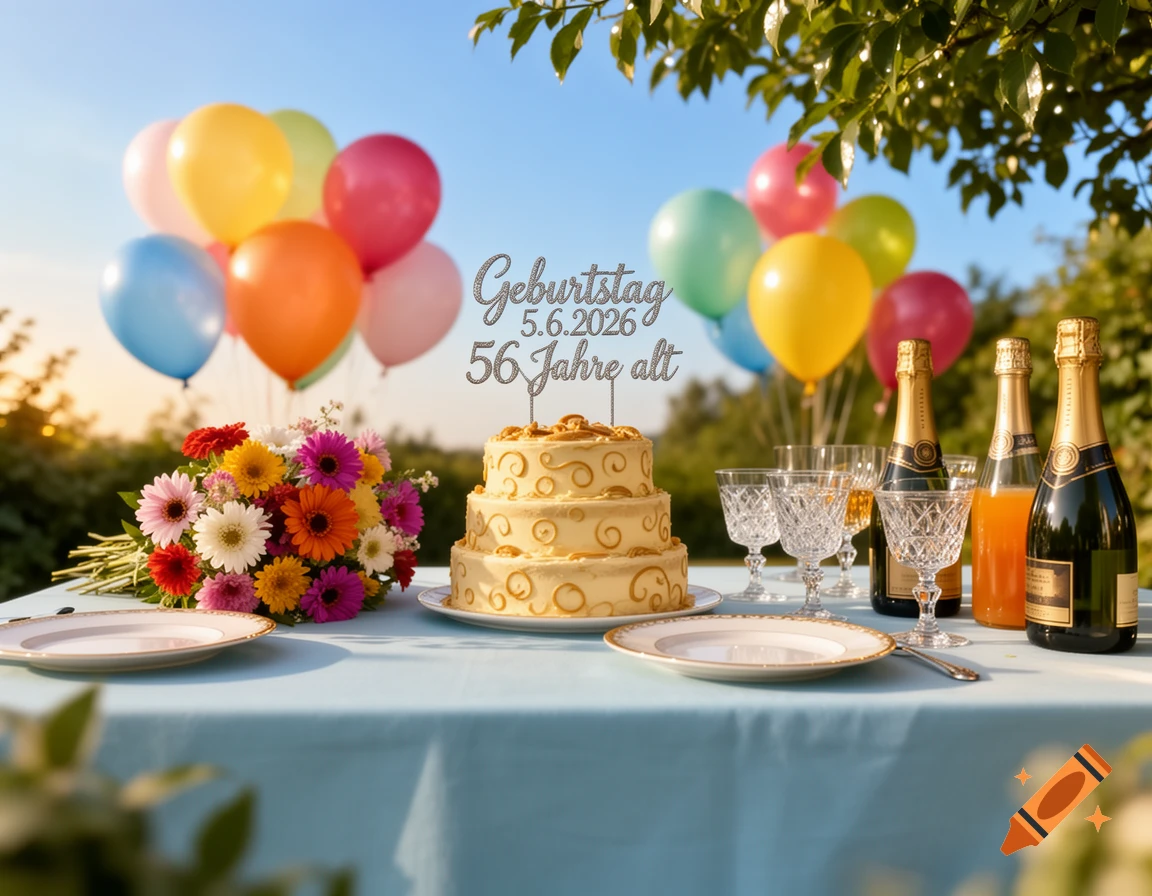 A table set for an outdoor birthday party with a three-tier cake, flowers, champagne, glasses, and colorful balloons against a sunny sky.