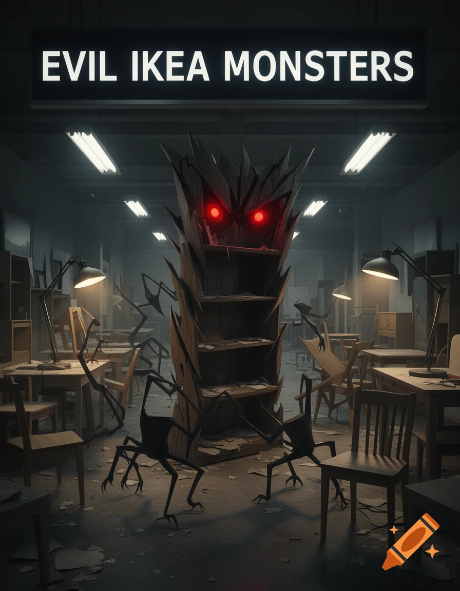 A dimly lit, chaotic IKEA store with menacing, spiky wooden shelf monsters with glowing red eyes and smaller spider-like creatures with sharp claws crawling around. A sign above reads "EVIL IKEA MONSTERS".