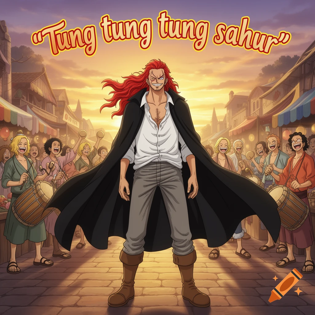 Anime illustration of Red-Haired Shanks with a crowd in a market street at sunset, under a banner 'Tung tung tung sahur'.