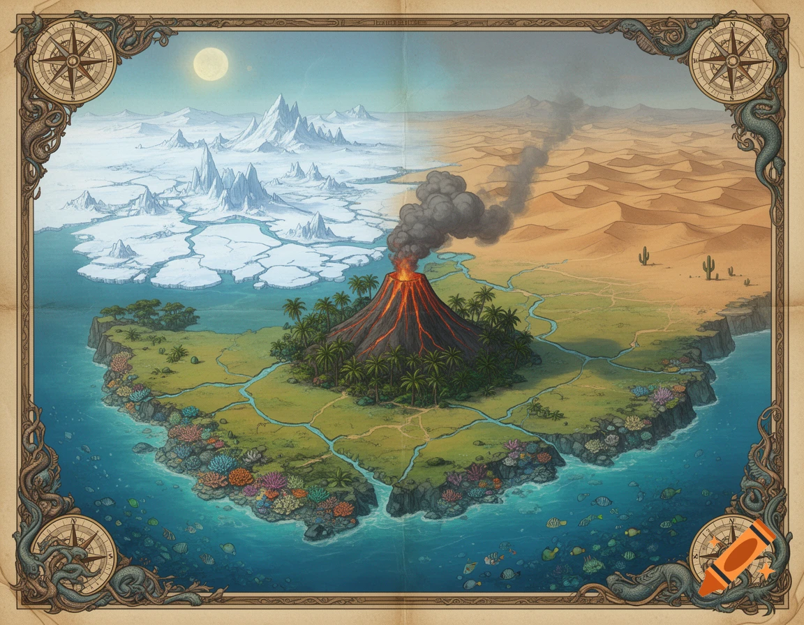 An elaborate fantasy map showing a landscape divided into snowy mountains, a desert, plains, and an island with a volcano, all surrounded by ocean and coral reefs.