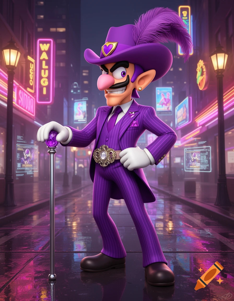 Waluigi in a purple pinstripe suit, hat with a feather, and holding a cane, stands on a wet street at night with neon signs reflecting in puddles.