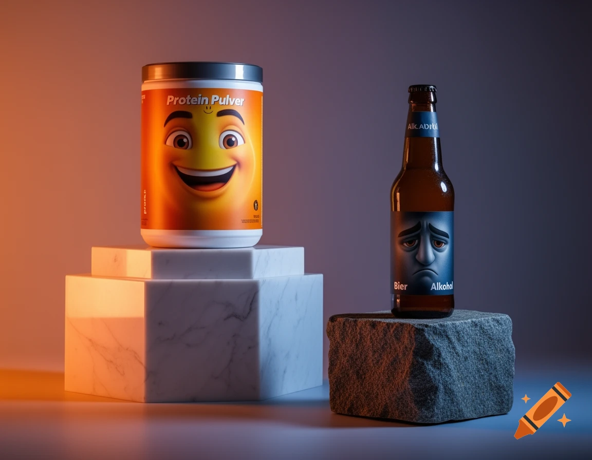 Protein powder with a happy face on a marble pedestal next to a beer bottle with a sad face on a stone block.