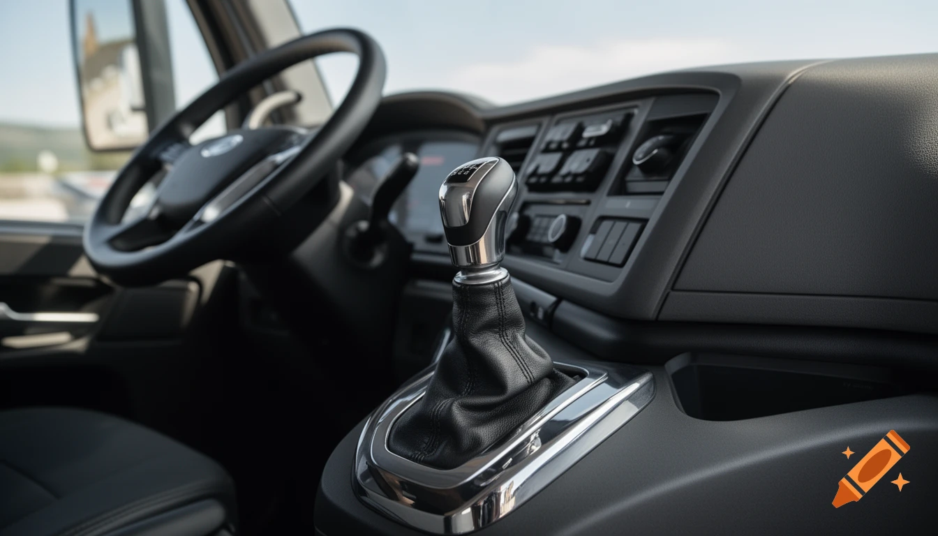 A detailed, ultra-realistic view of a truck's interior, showing the gear shifter, steering wheel, and dashboard in natural daylight.