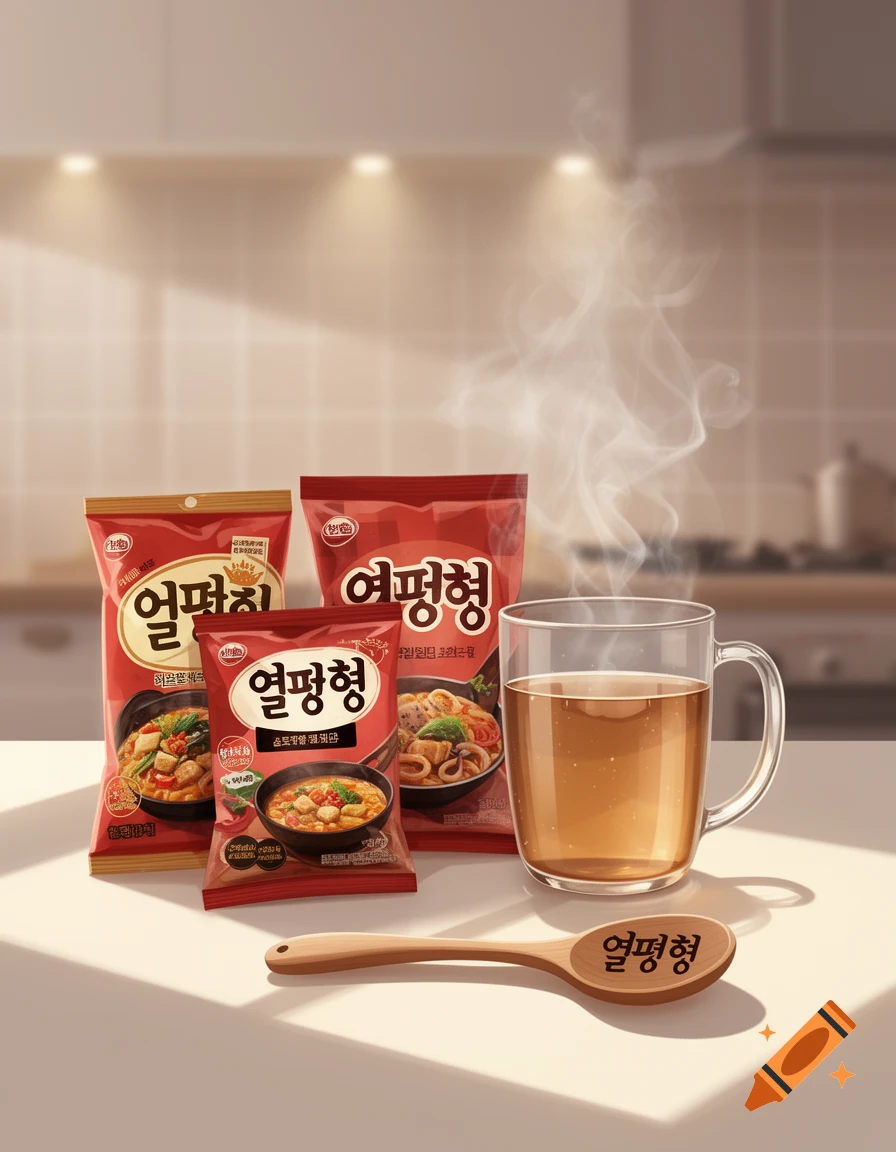 Three red instant food packages and a steaming glass of amber liquid sit on a kitchen counter next to a wooden spoon with Korean text.