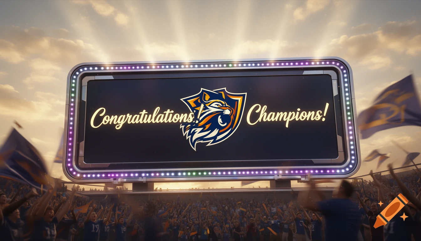 A large stadium scoreboard displays 'Congratulations Champions!' with a fierce tiger logo, surrounded by a cheering crowd and flags at sunset.