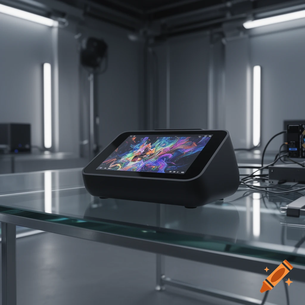 A sleek black device displaying colorful abstract art sits on a glass table in a modern, sterile room with illuminated vertical lights.