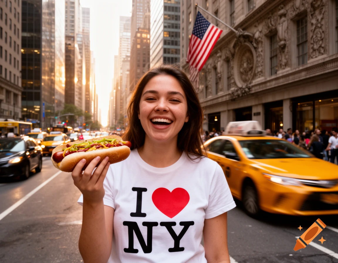 A smiling young woman in an "I ❤️ NY" t-shirt holds a hot dog on a bustling New York City street with skyscrapers, yellow taxis, and an American flag.