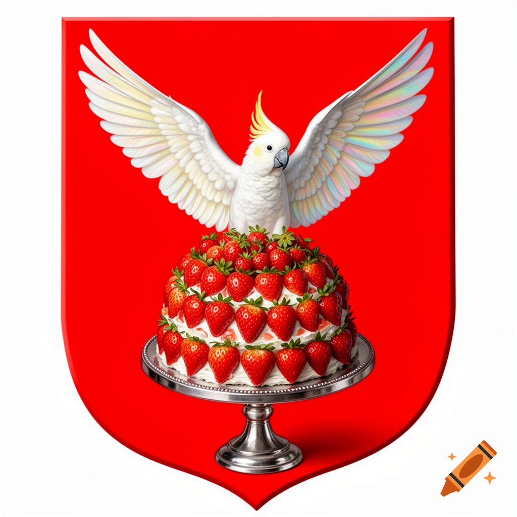 A white parrot with spread wings floats above a strawberry cake on a silver stand, all centered on a red heraldic shield.