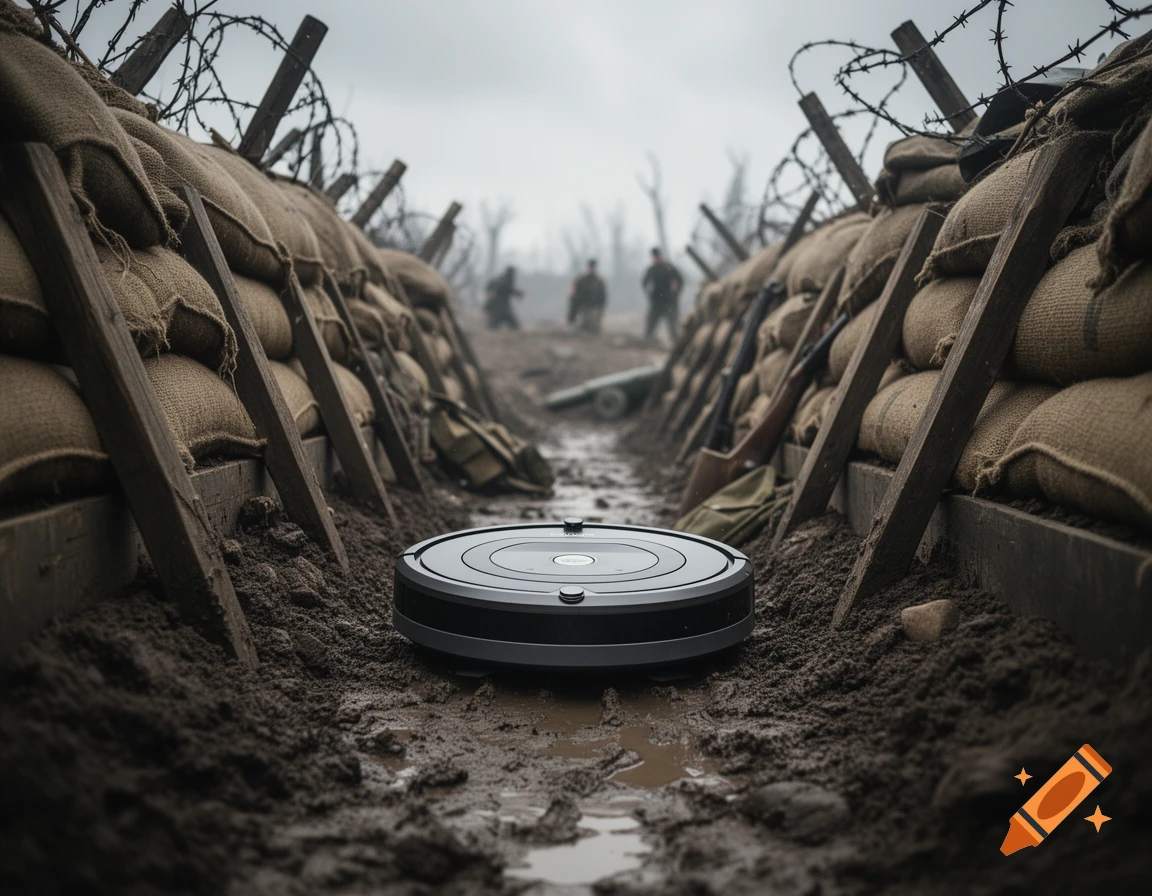 A robot vacuum cleaner sits in a muddy WWI-era trench with sandbags and barbed wire, soldiers in the blurred background.