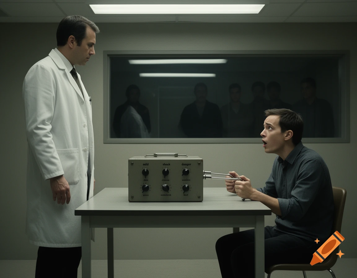 A man in a lab coat watches another man holding electrodes, looking distressed, in a science experiment room.