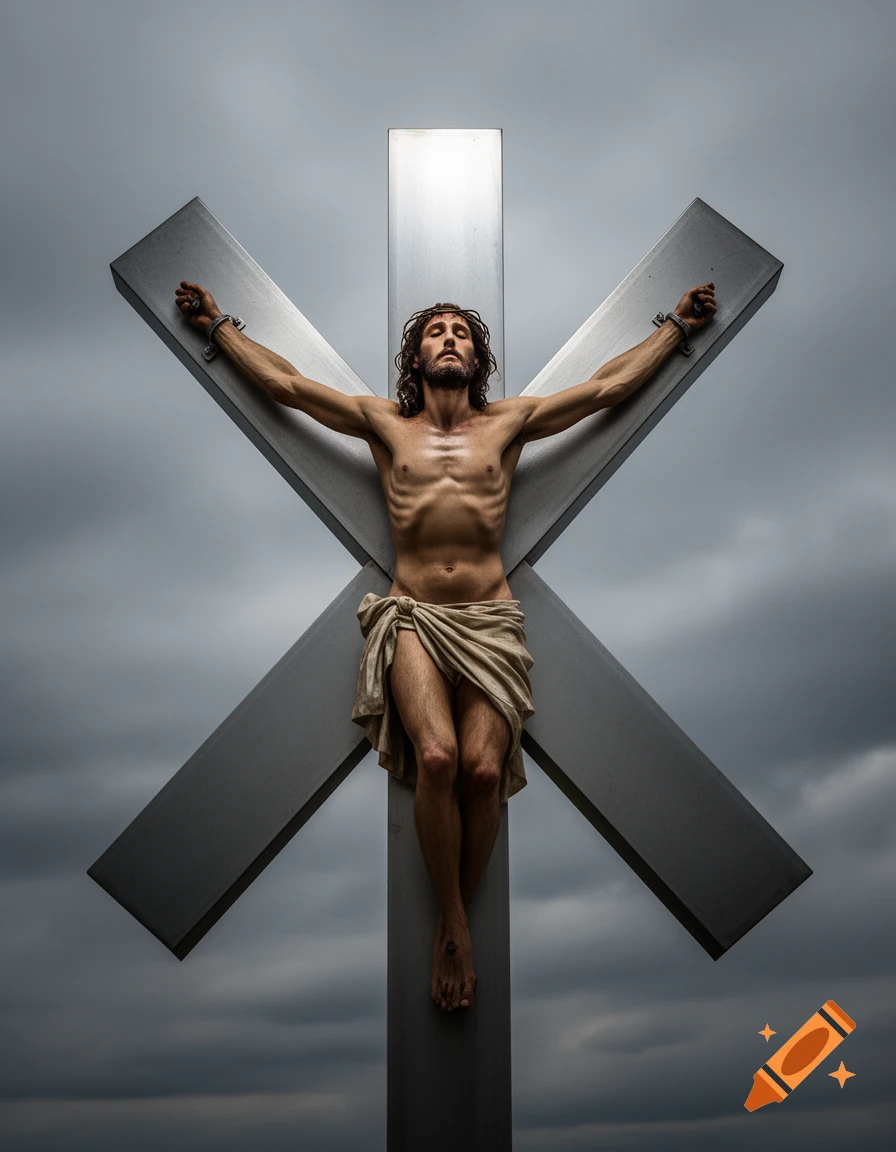 Photorealistic depiction of Jesus Christ on a modern, metallic X-shaped cross against a dramatic cloudy sky.