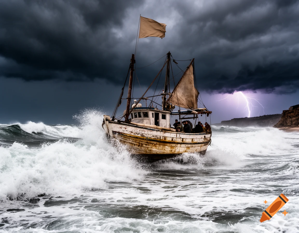 A fishing boat battles huge waves during a dramatic storm at sea, with lightning striking in the background.
