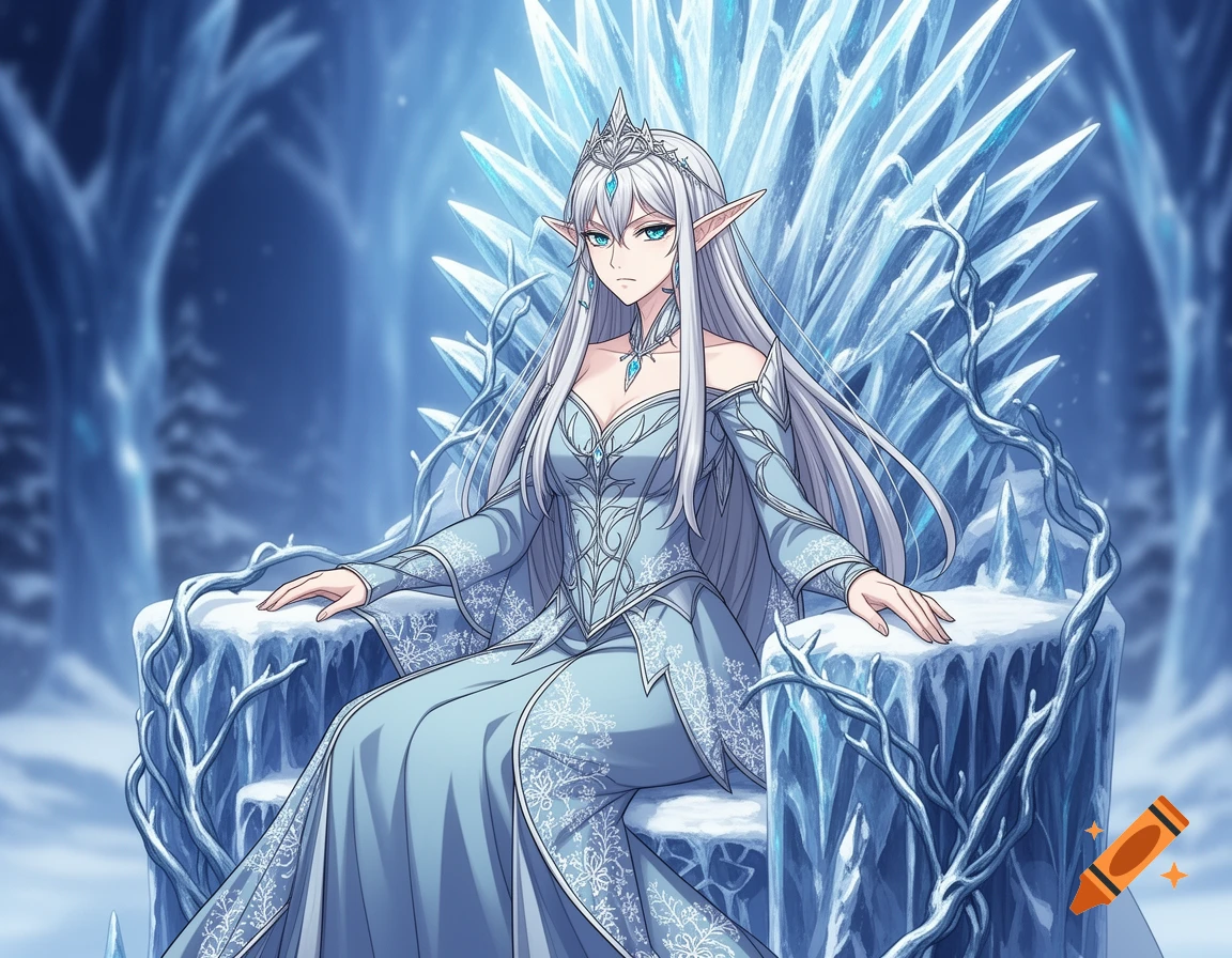 Anime ice elf queen with white hair, blue eyes, in a light blue gown, sitting on an ornate ice throne in a frozen landscape.