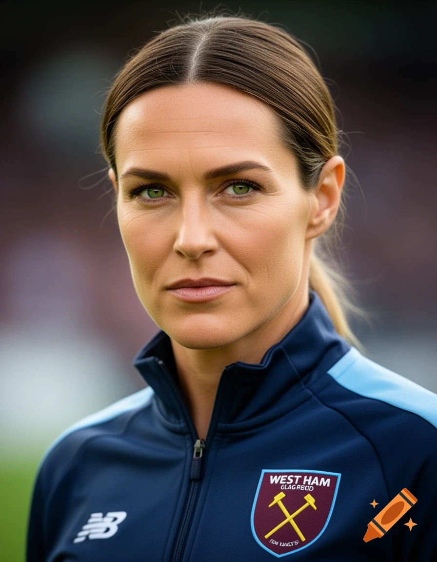 Photorealistic headshot of a serious female soccer coach with green eyes wearing a navy and light blue West Ham jacket.