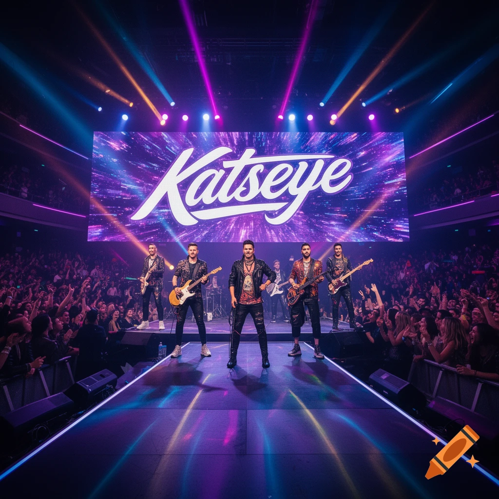 A band performs on a brightly lit stage in front of a large crowd, with their name 'Katseye' displayed on a large screen.