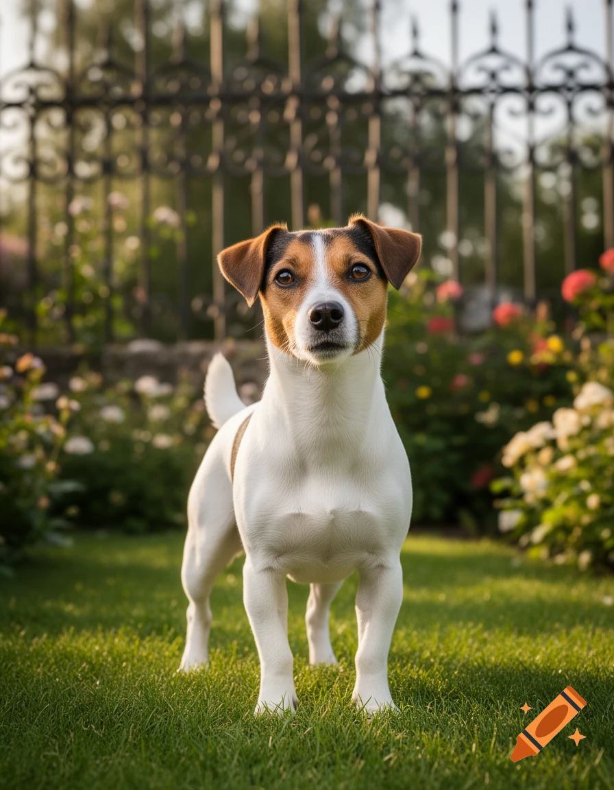 Photorealistic Jack Russell Terrier stands in a sunny green garden with an ornate black fence and colorful flowers.