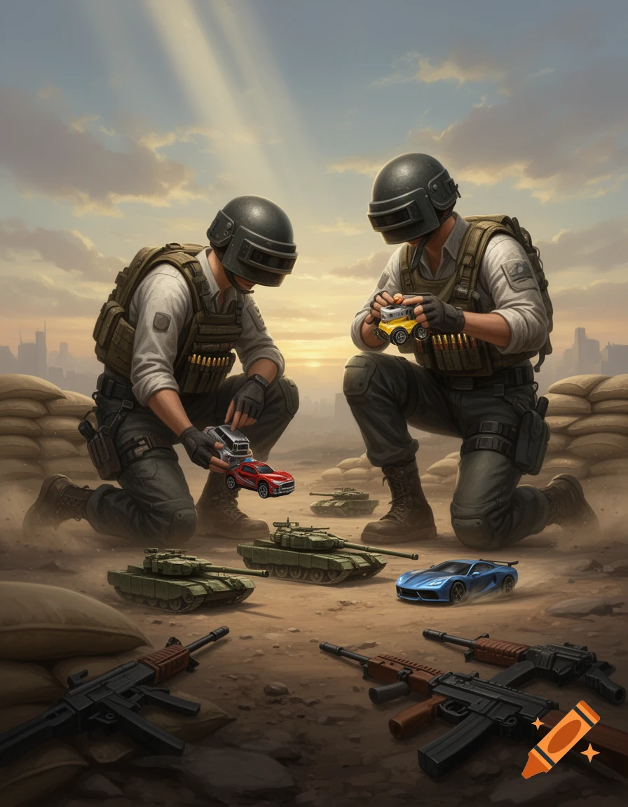 Two soldiers in military gear kneel in a desert landscape, playing with toy cars and tanks, with rifles and sandbags scattered around them.