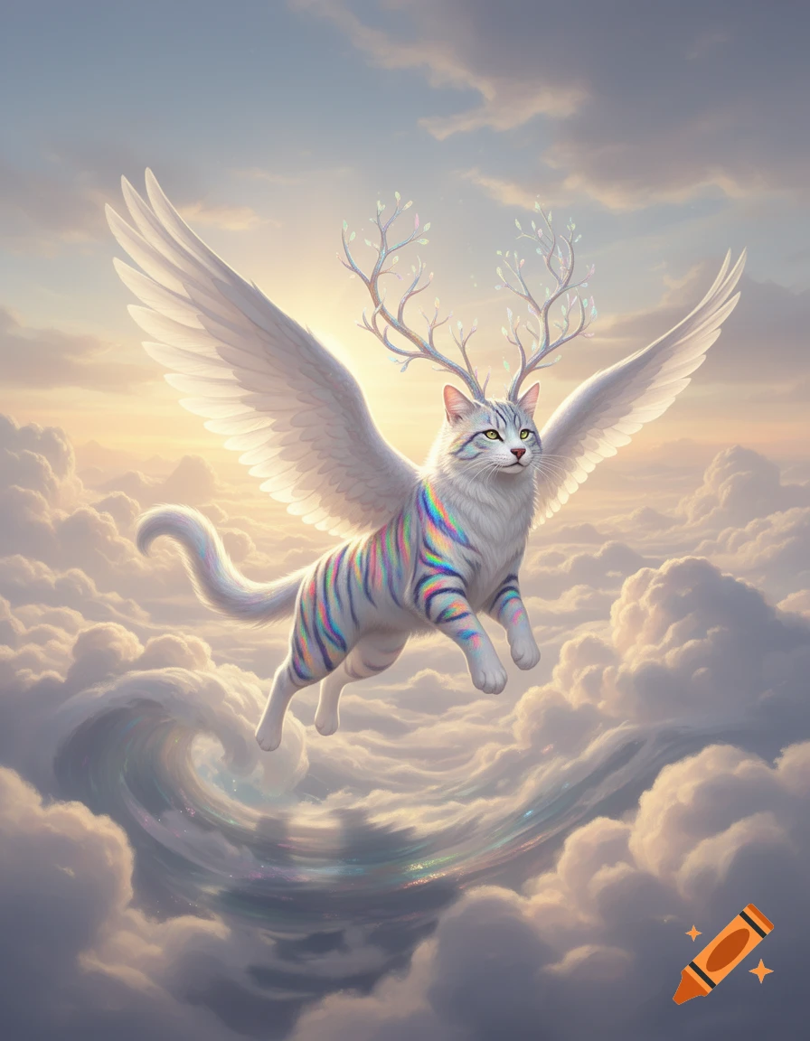 A white, rainbow-striped, winged cat-like creature with antlers flies through clouds at sunrise.