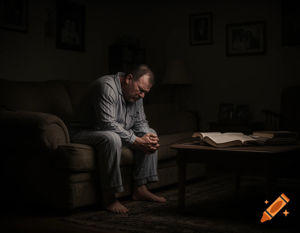A man in striped pajamas sits hunched on a couch in a dimly lit living room, looking distressed.