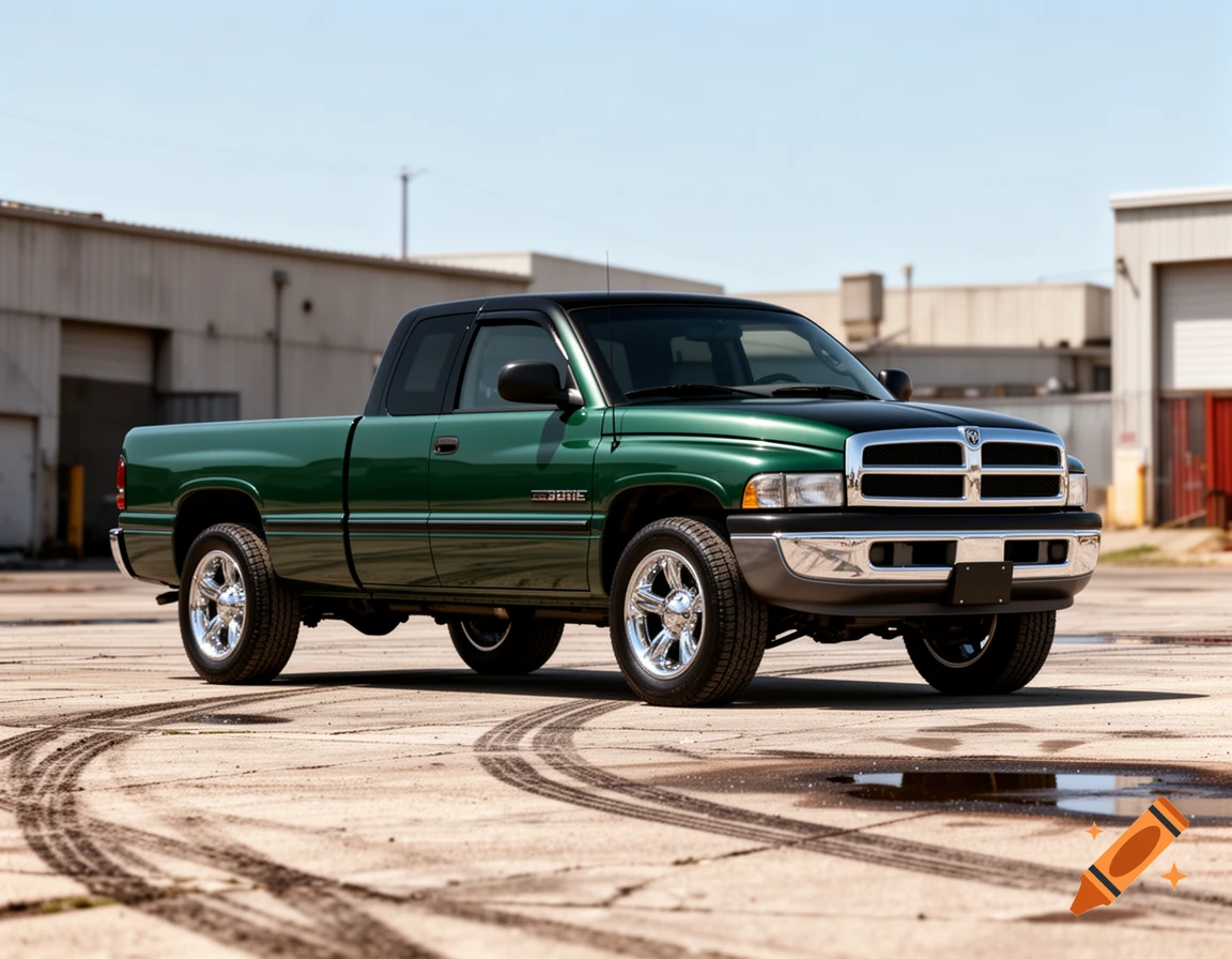 A dark green 1999 2nd gen Dodge Ram truck with a black roof and chrome wheels, parked on asphalt with tire marks.