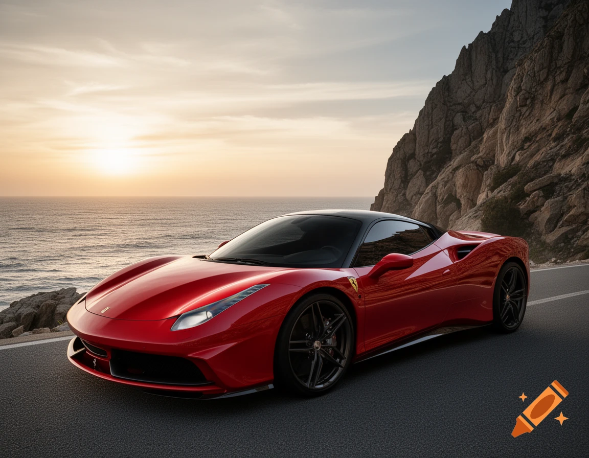 A sleek red sports car parked on a winding coastal road with a mountain ...