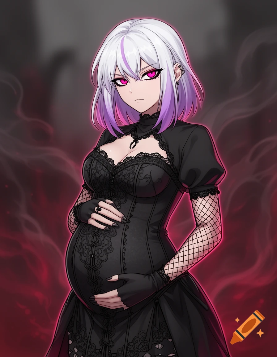 Anime-style pregnant woman with white and purple hair, red eyes, wearing a black gothic dress with fishnet sleeves, hands on her belly.