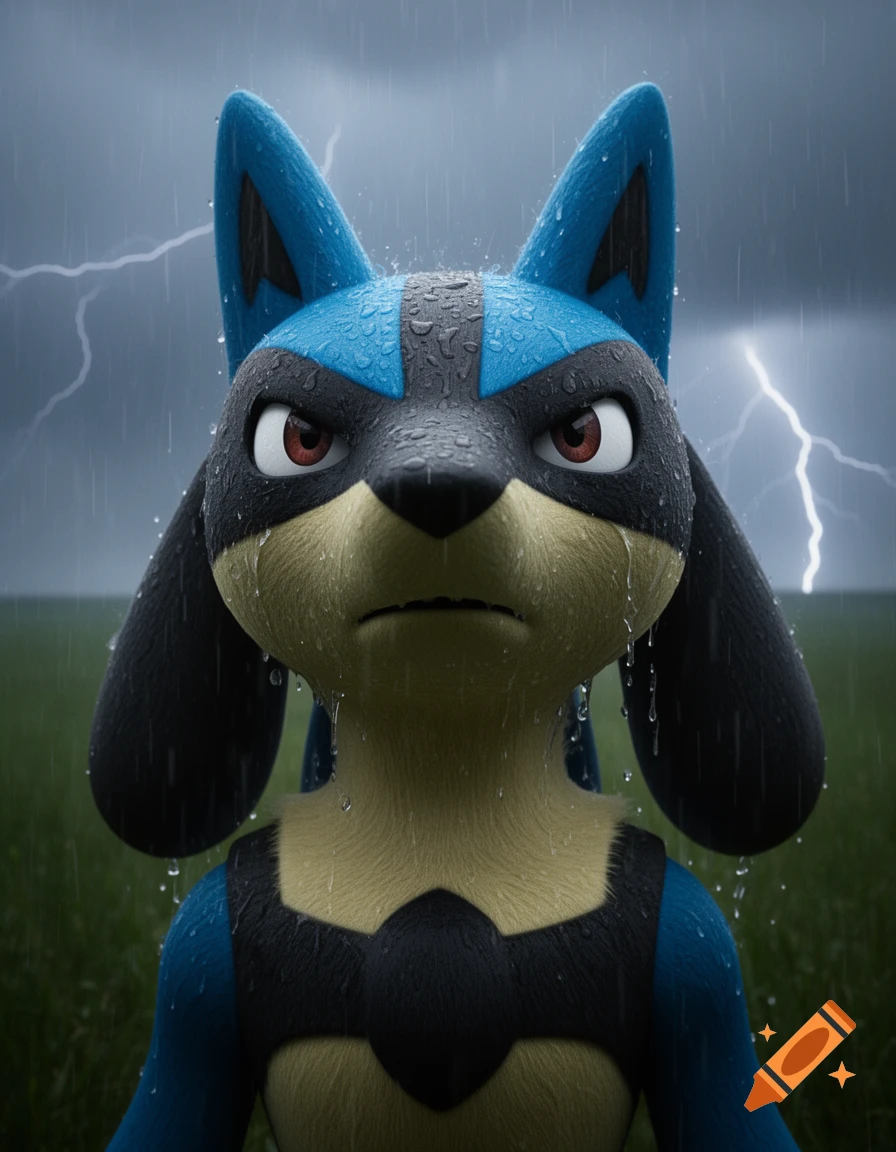 A detailed, realistic portrayal of Lucario standing in a grassy field during a heavy thunderstorm with lightning, looking serious.