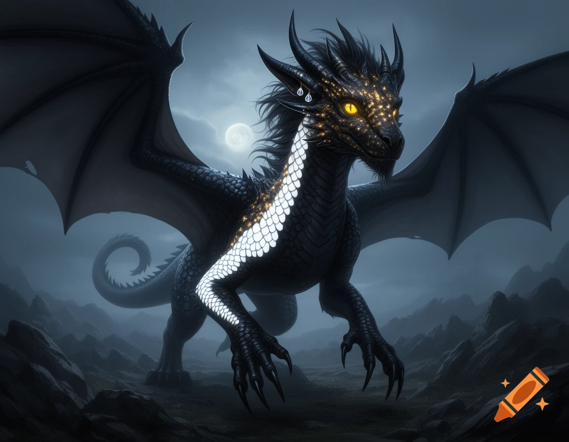 A majestic black dragon with glowing golden eyes and white scales stands under a full moon in a misty, rocky landscape.